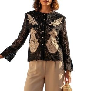 A362 Nancy Whimsical fashion Black Lace Top Gold Embroidered Button Front NWOT M
